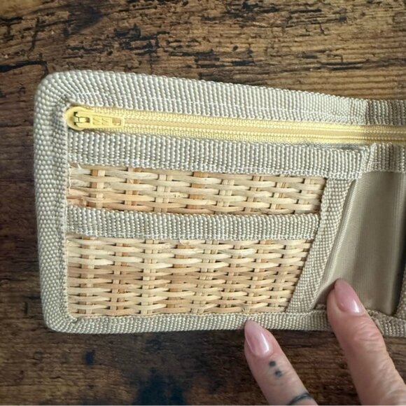 Raffia Straw Weave Rattan Bifold Wallet Snap Closure Tan Cream Boho Eco - Picture 5 of 7